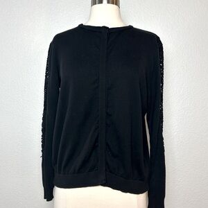 Zara Knit Cardigan Sweater Womens M Black Button Front Lace Sleeves Cotton Blend